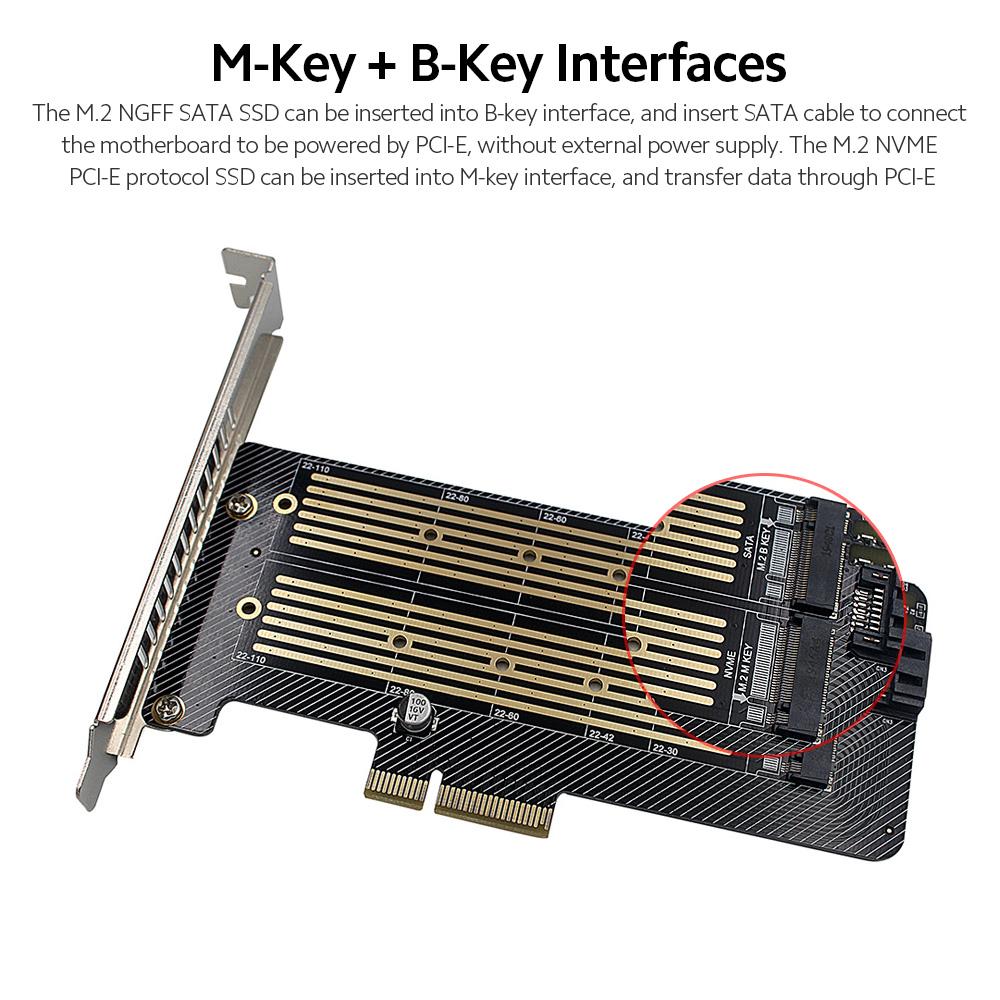 M.2 NVME/NGFF to PCI-E X4 Expansion Card SSD Adapter Card with M.2 M-key B-key Interfaces Support PCI-E/SATA Protocol