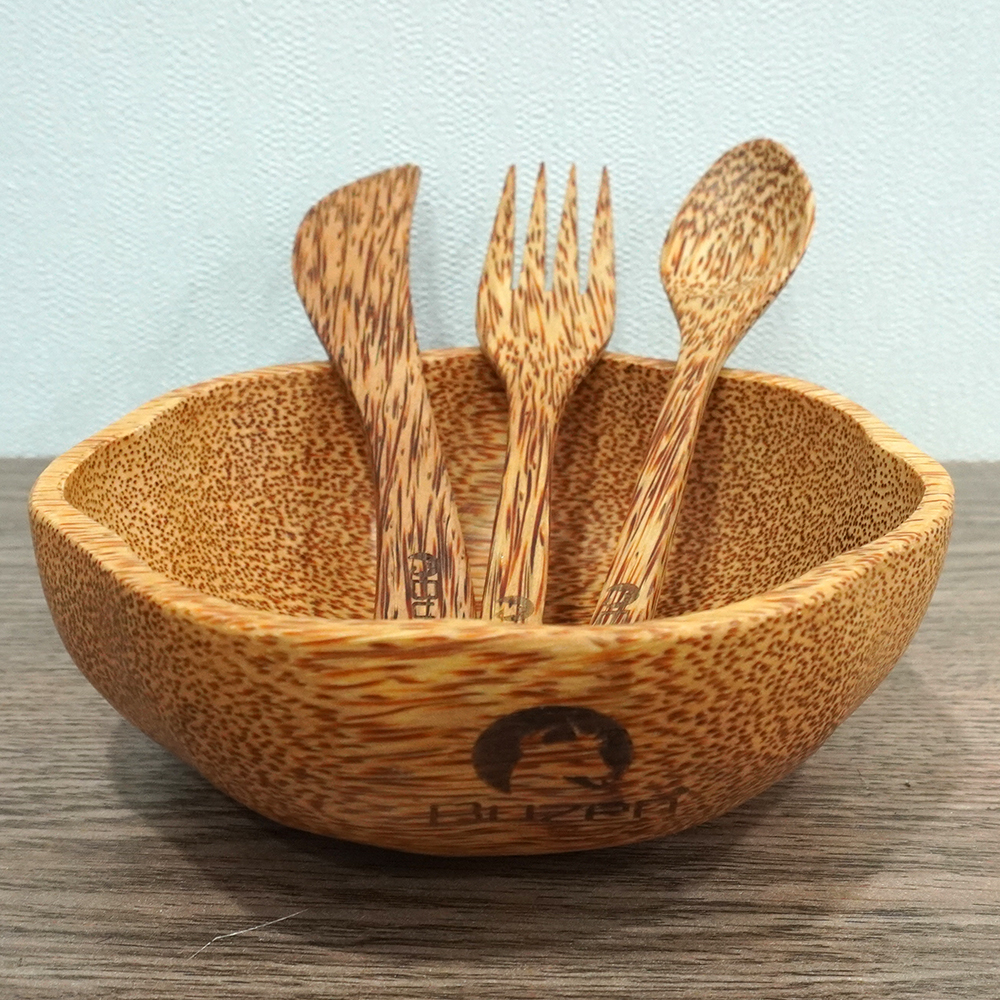 Set Tô gỗ dừa Bát gỗ dừa và muỗng Buzen - Hình Hoa Mai ( Coconut wood bowls)