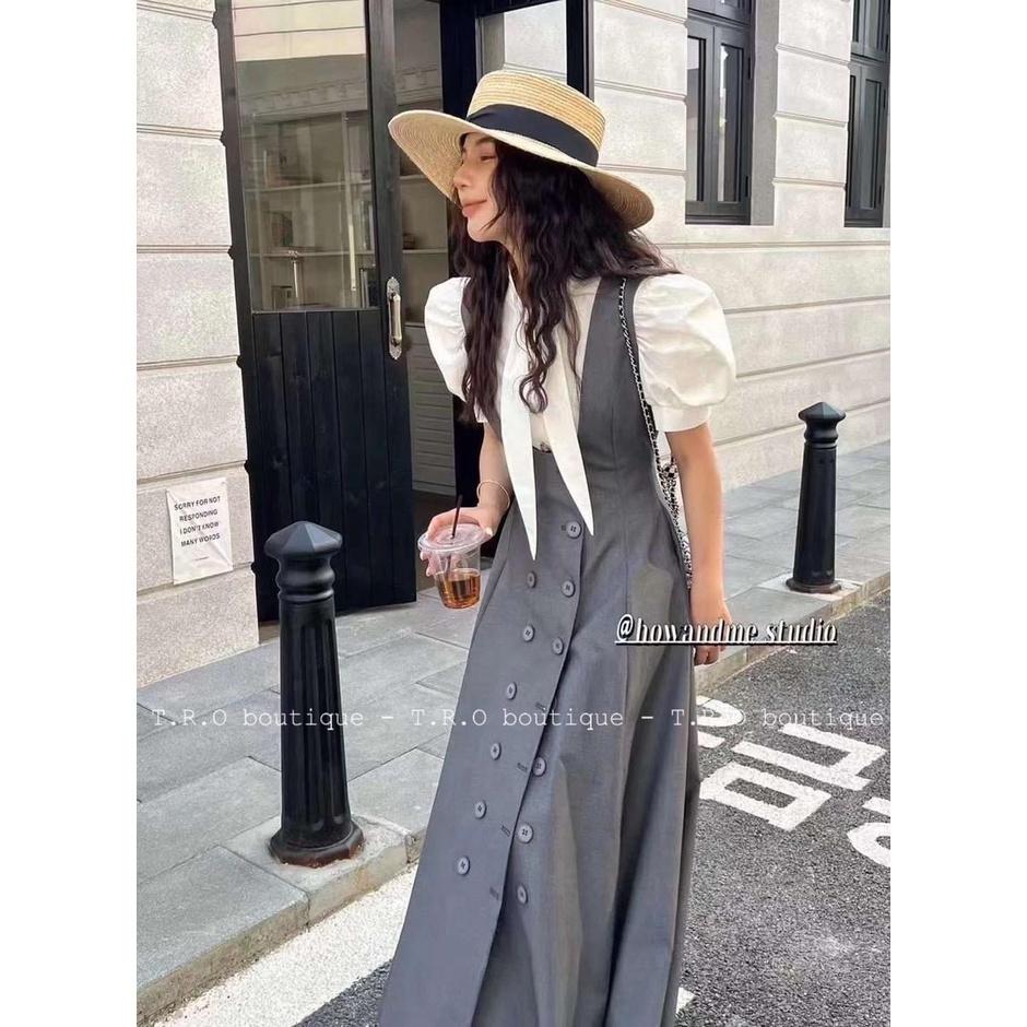 SET ĐI LÀM, SET ĐI CHƠI, SET 2 MÓN ÁO SƠ MI KIỂU TAY NGẮN PHỒNG NƠ PHỐI CHÂN VÁY DÀI CỰC SANG