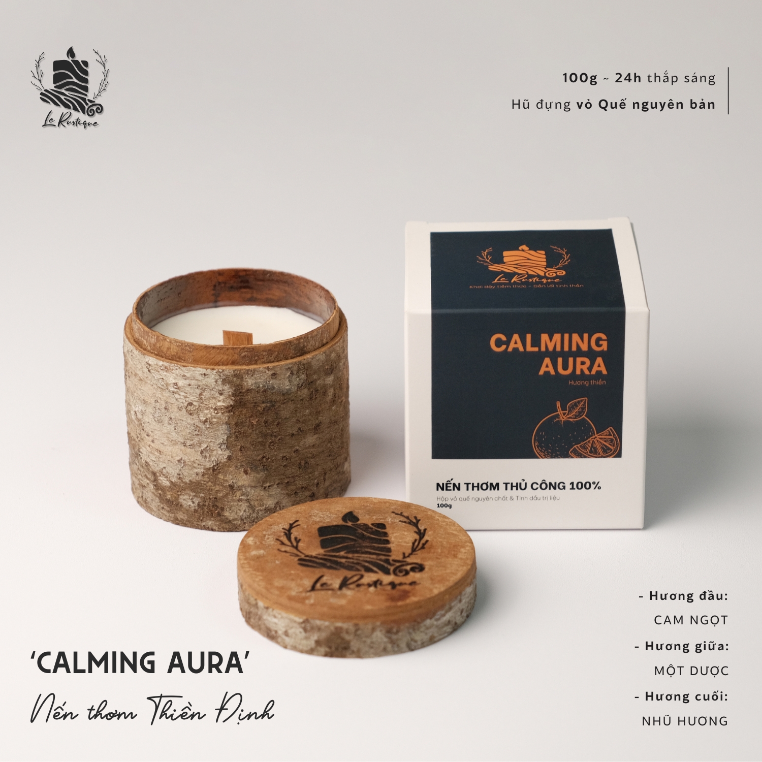 Nến Thơm Thủ Công Le Rustique Mùi Thiền (Calming Aura) - 100g/ 200g - Hũ Nến Vỏ Quế Tự Nhiên - Có Kiểm Định Chất Lượng - Nến Thơm Thư Giãn Trị Liệu - Nến Thơm Thiên Nhiên