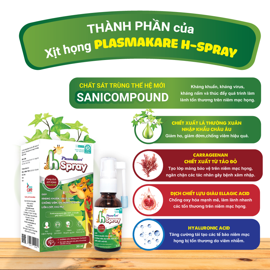 Dung dịch xịt họng PlasmaKare H - Spray 30ml, cho trẻ từ 06 tháng, an toàn cho phụ nữ có thai không kháng sinh