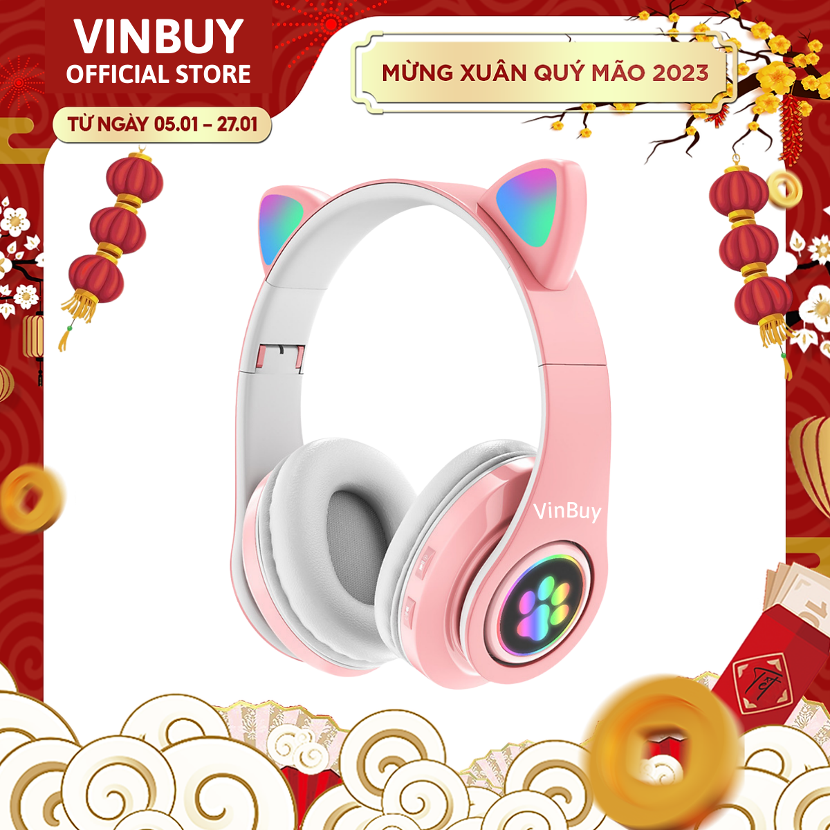 Tai Nghe Bluetooth Tai Mèo Phát Sáng VinBuy, Tai Nghe Không Dây, Tai Nghe Chụp Tai, Tai Nghe Mèo Có Mic, Đèn LED Và Âm Bass Mạnh Mẽ - Chính Hãng