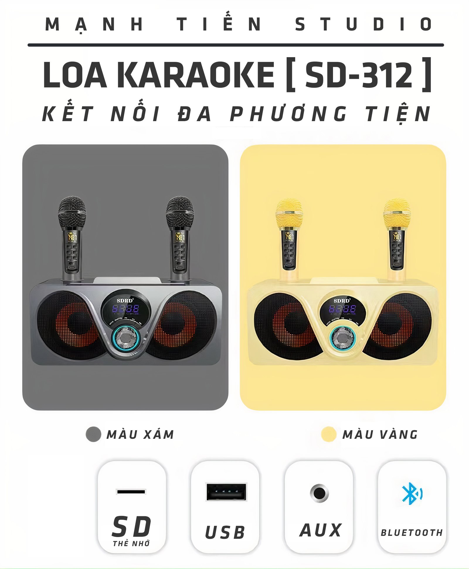 Loa karaoke bluetooth SDRD SD-312 - Loa mắt cú mới nhất - Tặng kèm 2 micro không dây có màn hình LCD - Sạc pin cho micro ngay trên loa - Chỉnh EQ, Echo, Vol ngay trên micro - Loa xách tay du lịch cực chất - Hàng nhập khẩu