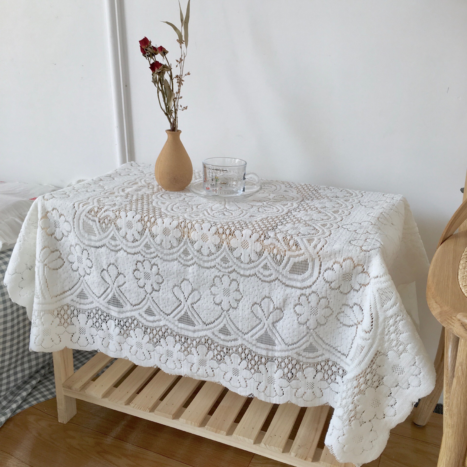 Khăn Trải Bàn Vintage Phối Ren Trắng - Khăn ren trải bàn hình chữ nhật decor phòng khách, phòng ngủ
