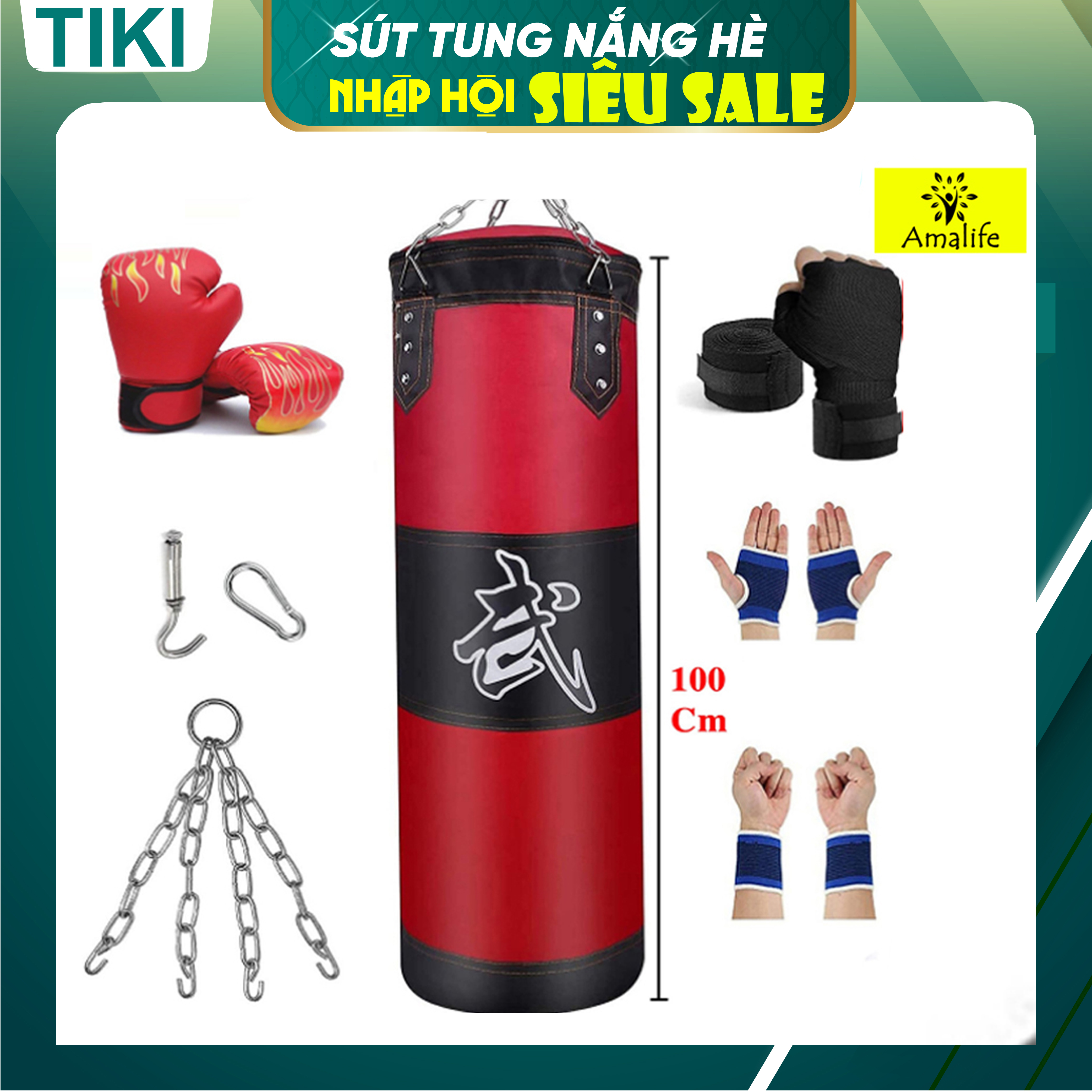 Vỏ Bao Cát Đấm Bốc 3 Lớp Cao Cấp – 8 Phụ kiện – Vỏ Bao Đấm Boxing Chính Hãng Amalife, Trụ Đấm Bốc Treo