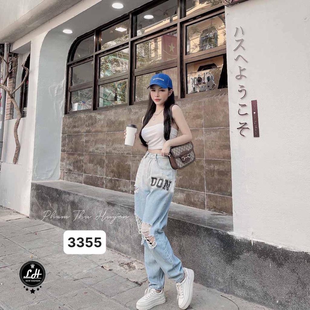 Quần jean rách đùi nữ loang màu ống rộng ulzzang lưng cao thêu chữ DON Lê Huy Fashion MS 3355