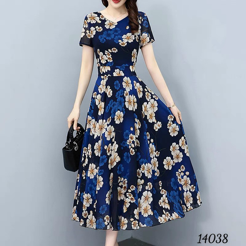 Đầm váy nữ voan midi hoa tay ngắn cổ V dự tiệc đám cưới xanh đậm cao cấp