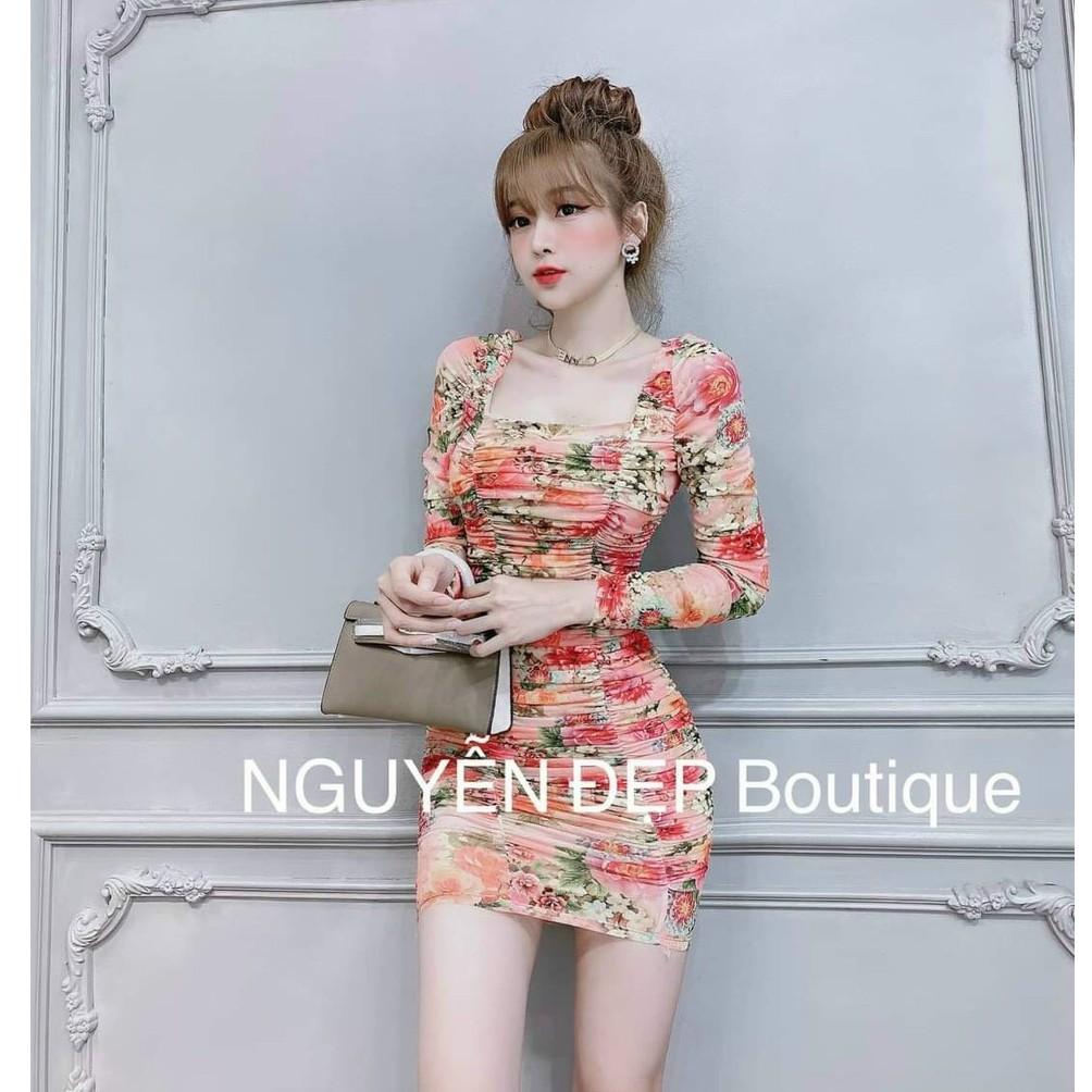 Đầm body nhún cổ vuông họa tiết hoa kèm mút