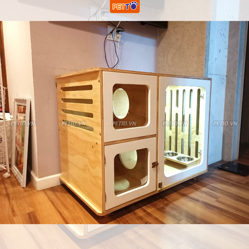 Tủ cho mèo BẰNG GỖ - Khách sạn cho mèo thiết kế 3 cửa kính trong suốt SANG TRỌNG dài 1m1 CC017