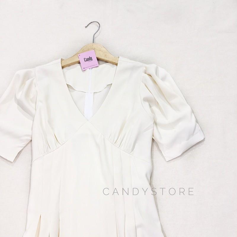 Đầm midi xếp eo cổ V tay phồng