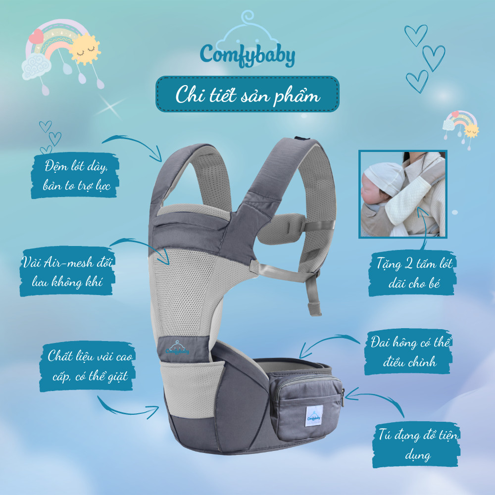 Địu ngồi trẻ em cao cấp siêu mềm 4 tư thế công nghệ Air Mesh thoáng khí - Comfybaby CF818