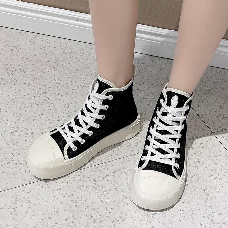 High-top shoes women's summer thick-soled net surface breathable lace thin short boots leisure sports canvas shoes in spring and autumn