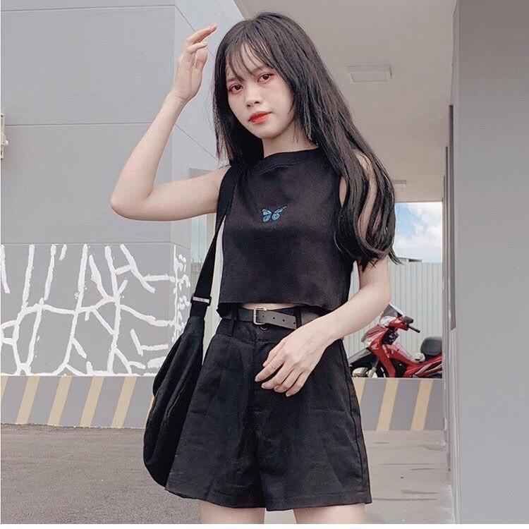 Áo Croptop Áo Ba Lỗ Nữ Thêu Bướm Xinh Xắn Chất Thun Cotton Mát Lịm