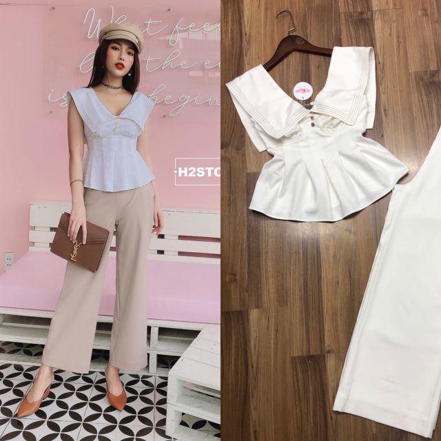 Set áo pelum cổ V + quần ống rộng nude