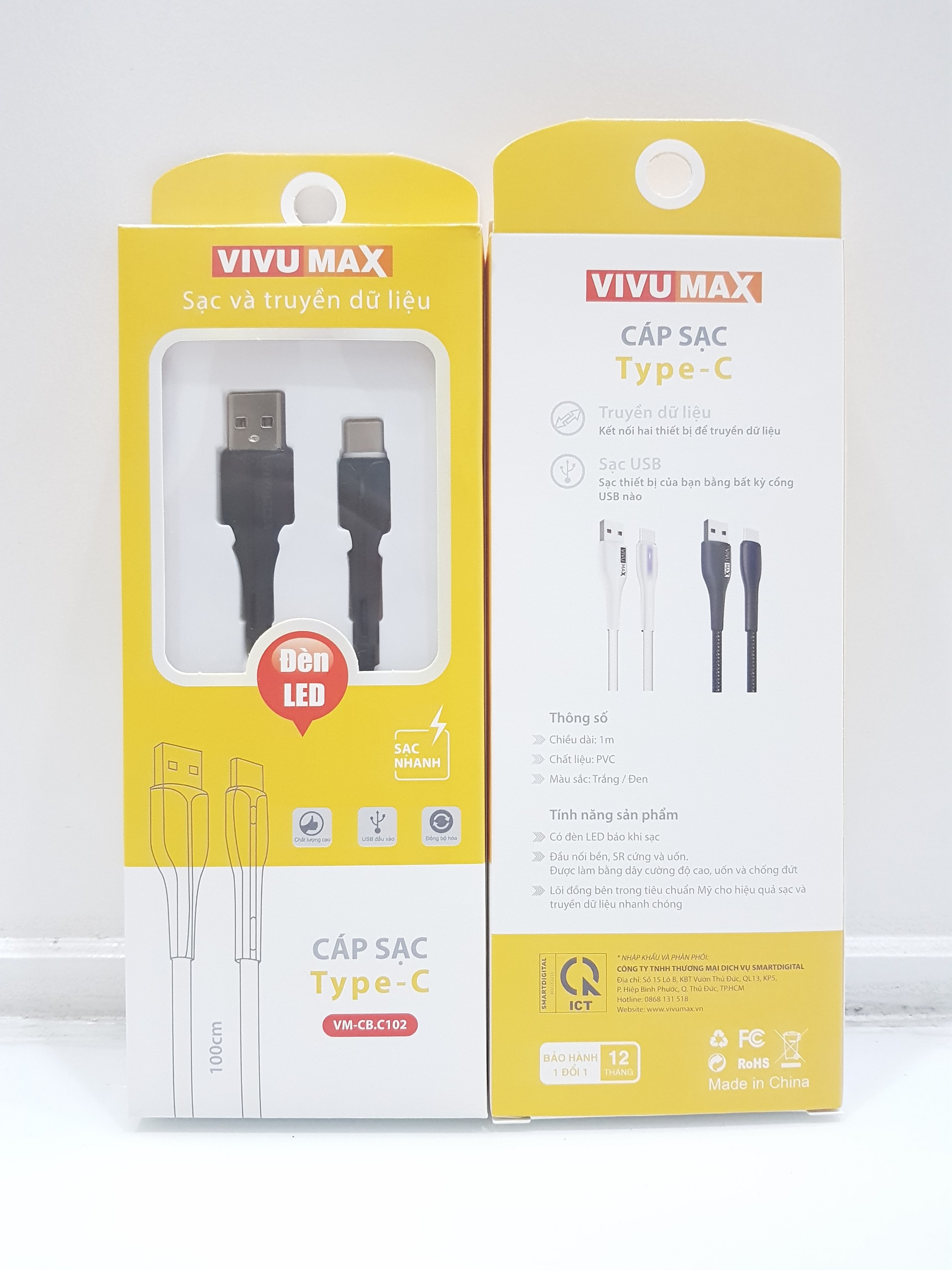 Cáp sạc nhanh và truyền dữ liệu VivuMax C102 đầu sạc USB Type C - Có đèn LED báo tín hiệu, 1m, Dây PVC cao cấp chống cháy – Hàng Chính Hãng