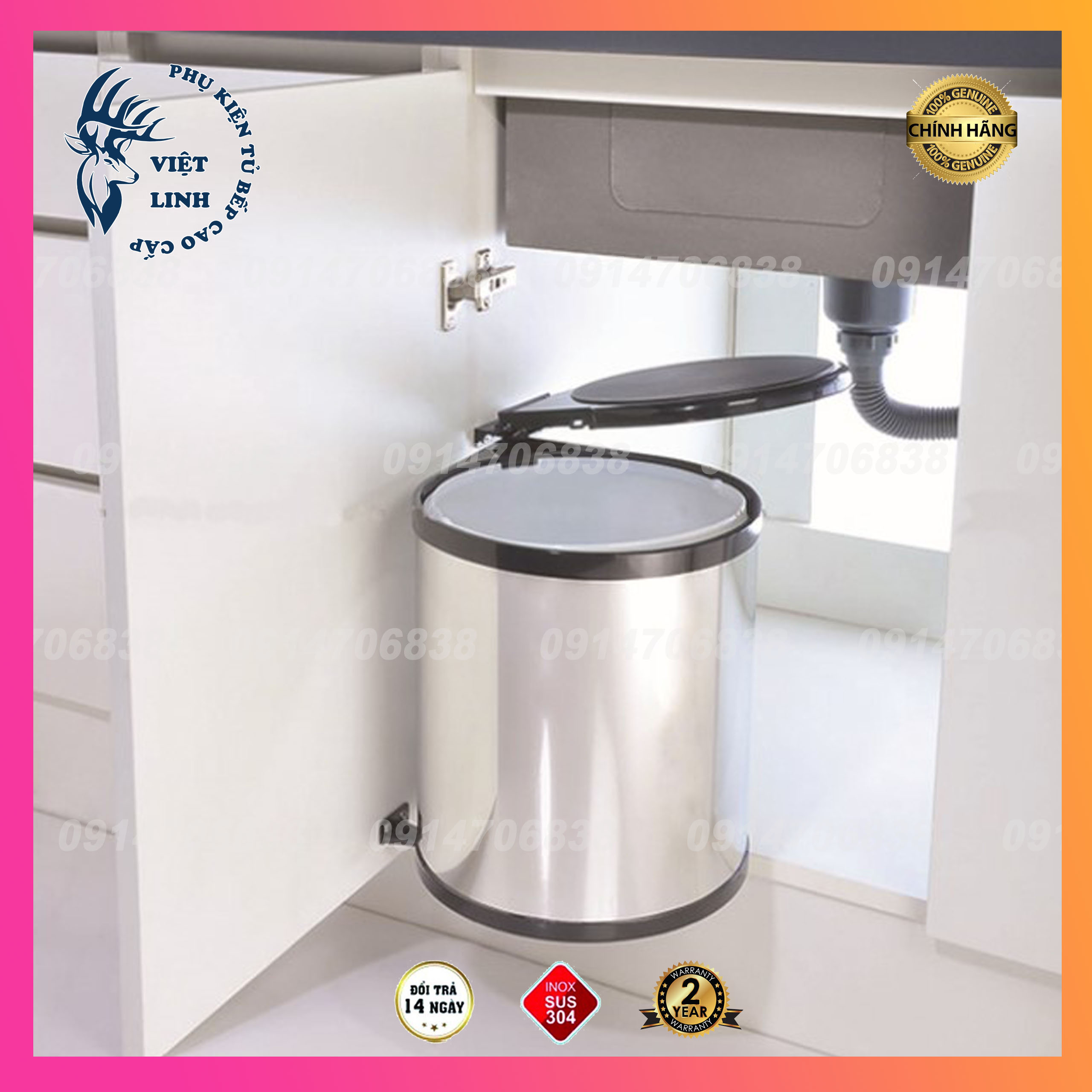 Thùng Rác Tròn Gắn Cánh Tủ Bếp Bọc Inox304 - Bảo Hành Chính Hãng (Có Thợ lắp)