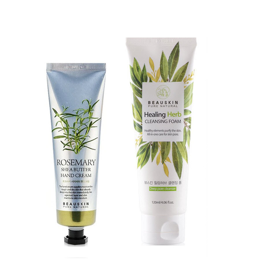 Combo Kem dưỡng tay dưỡng mềm da chiết xuất Thảo mộc Beauskin Rosemary Shea Butter Hand Cream - Sữa rửa mặt thảo dược Beauskin Healing Herb Cleansing Foam