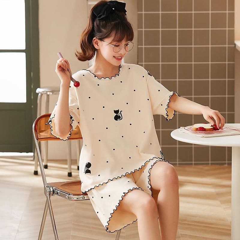 Bộ đồ của phái nữ mùa hè cotton ngắn tay quần short ngắn tay dễ thương Nhật Bản hai mảnh phù hợp với mùa xuân, mùa hè