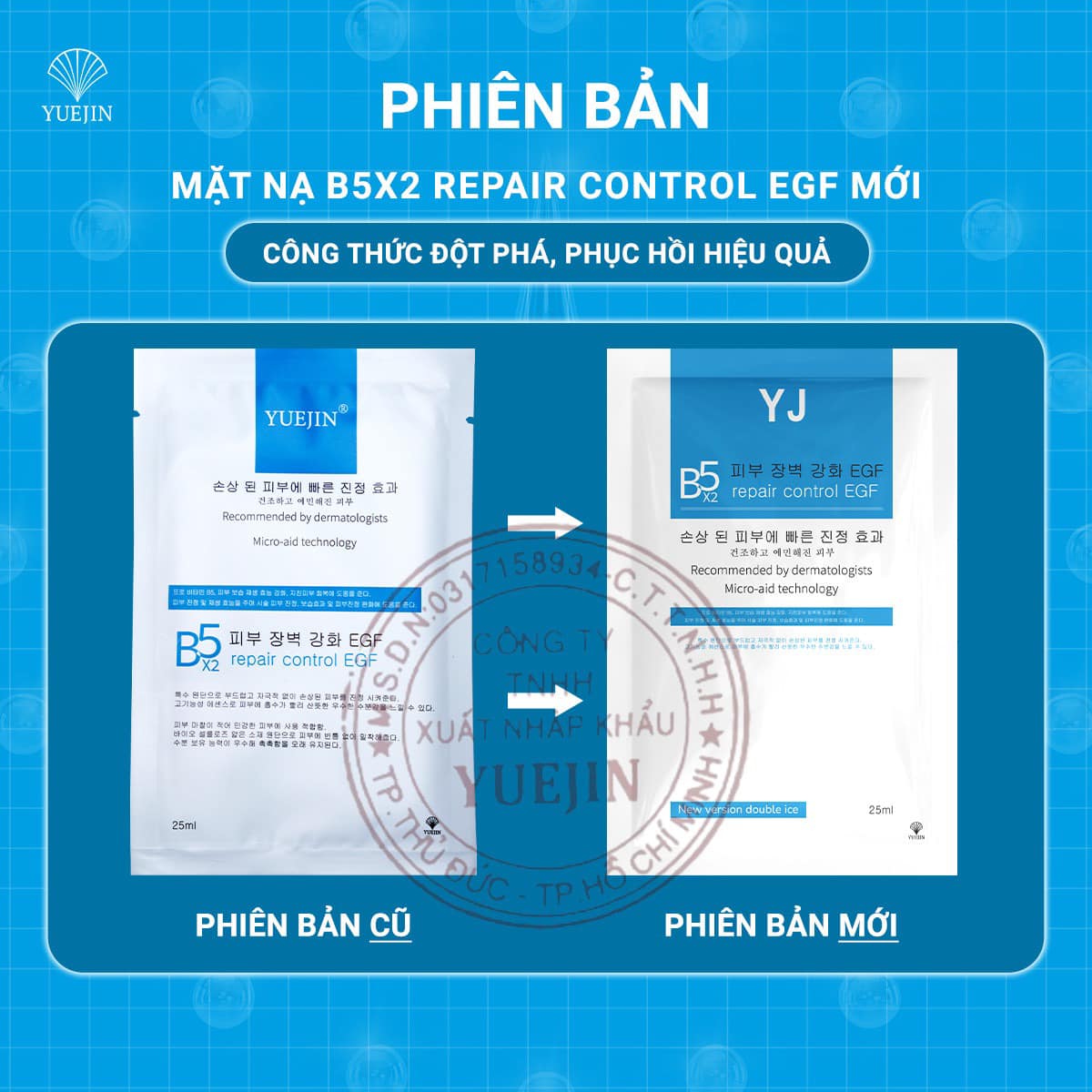 Hộp 10 miếng mặt nạ Hàn Quốc Yuejin B5 Repair Control EGF cấp ẩm đa tầng, phục hồi và làm dịu da