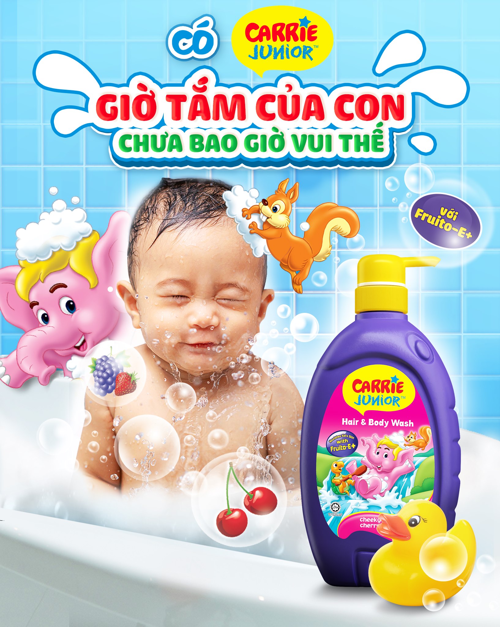 Sữa Tắm Gội cho bé Carrie Junior hương Cherry 700g + Túi Đeo Voi bông (màu ngẫu nhiên)