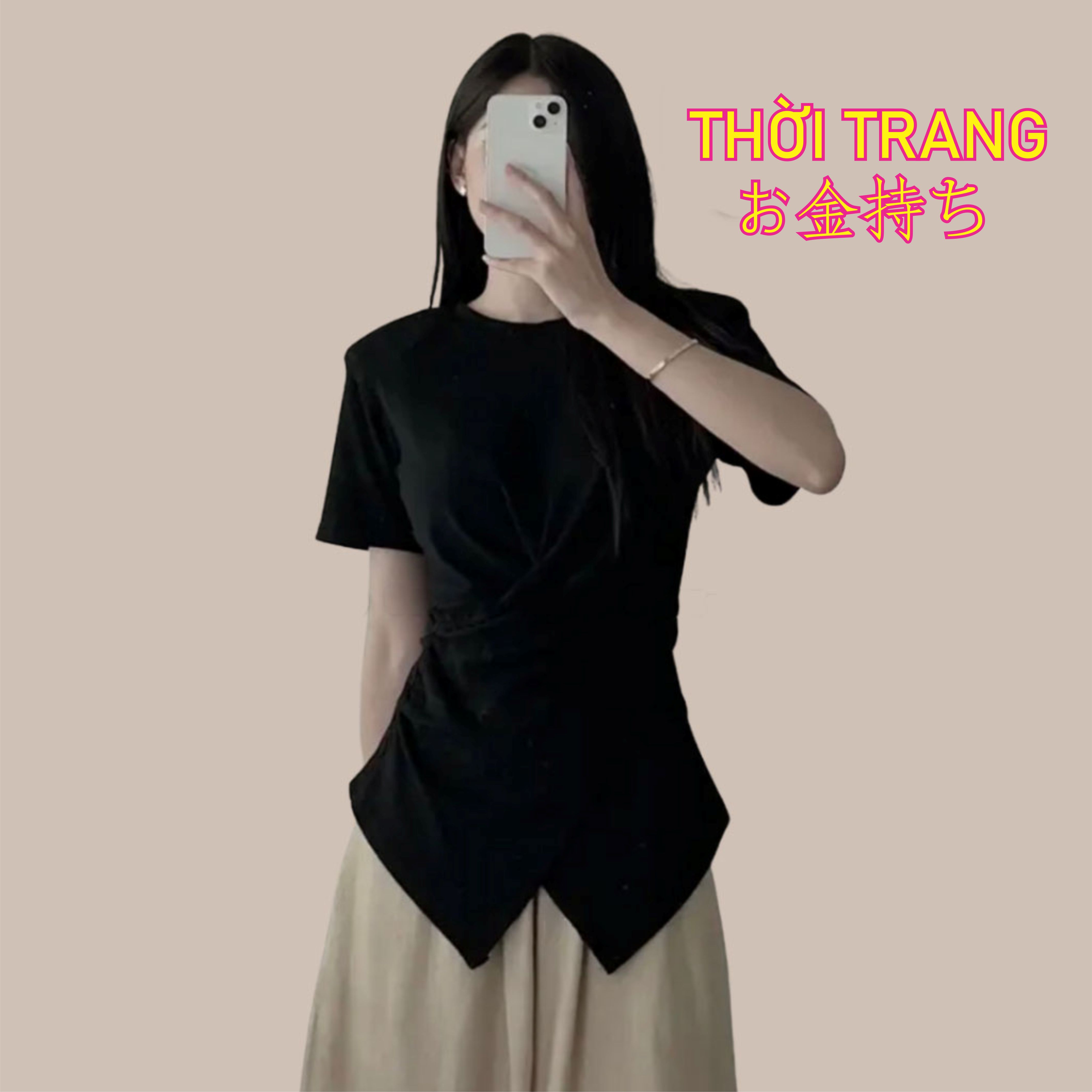 Áo thun cổ tròn xoắn bụng đệm vai 3112