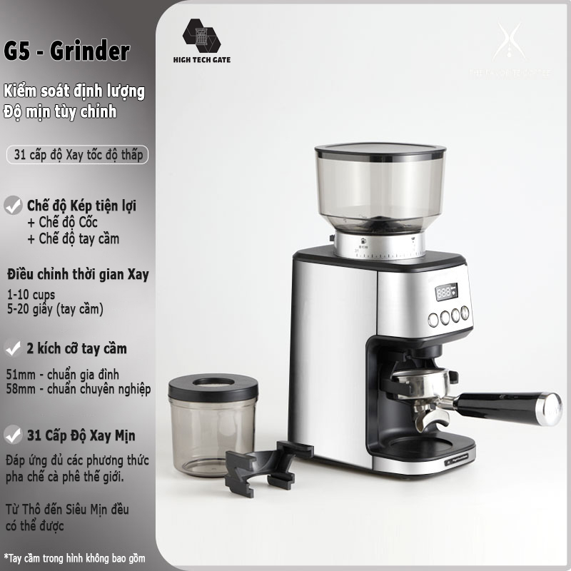 Máy Xay Cà Phê G5 HIGH TECH GATE CG05 Xay Hạt Cafe Pha Espresso, 31 Cấp Độ Xay Từ Thô Đến Mịn, Để Bàn Nhỏ Gọn, Giá Đỡ Tay Cầm 51mm và 58mm Tiện Lợi, Hàng Chính Hãng