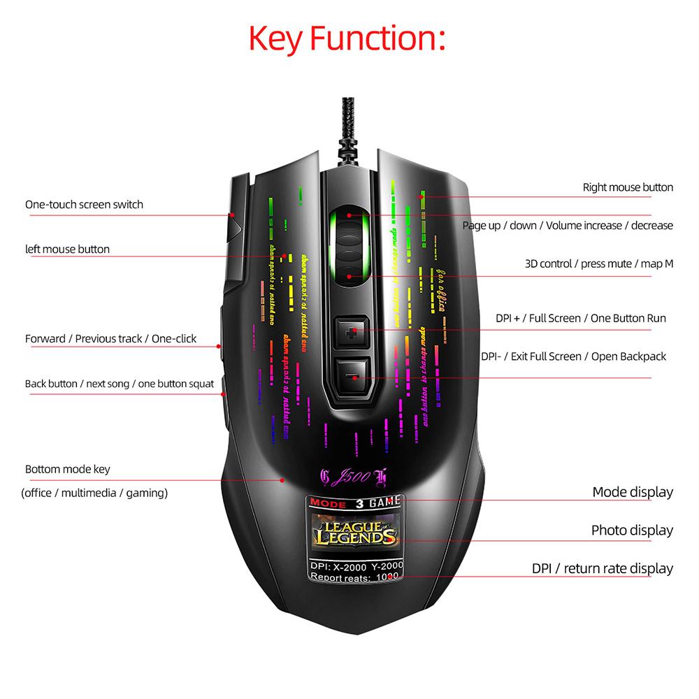 HXSJ J500 USB Wired Gaming Mouse RGB Gaming Mouse with Display Screen Six Adjustable DPI for Desktop Laptop