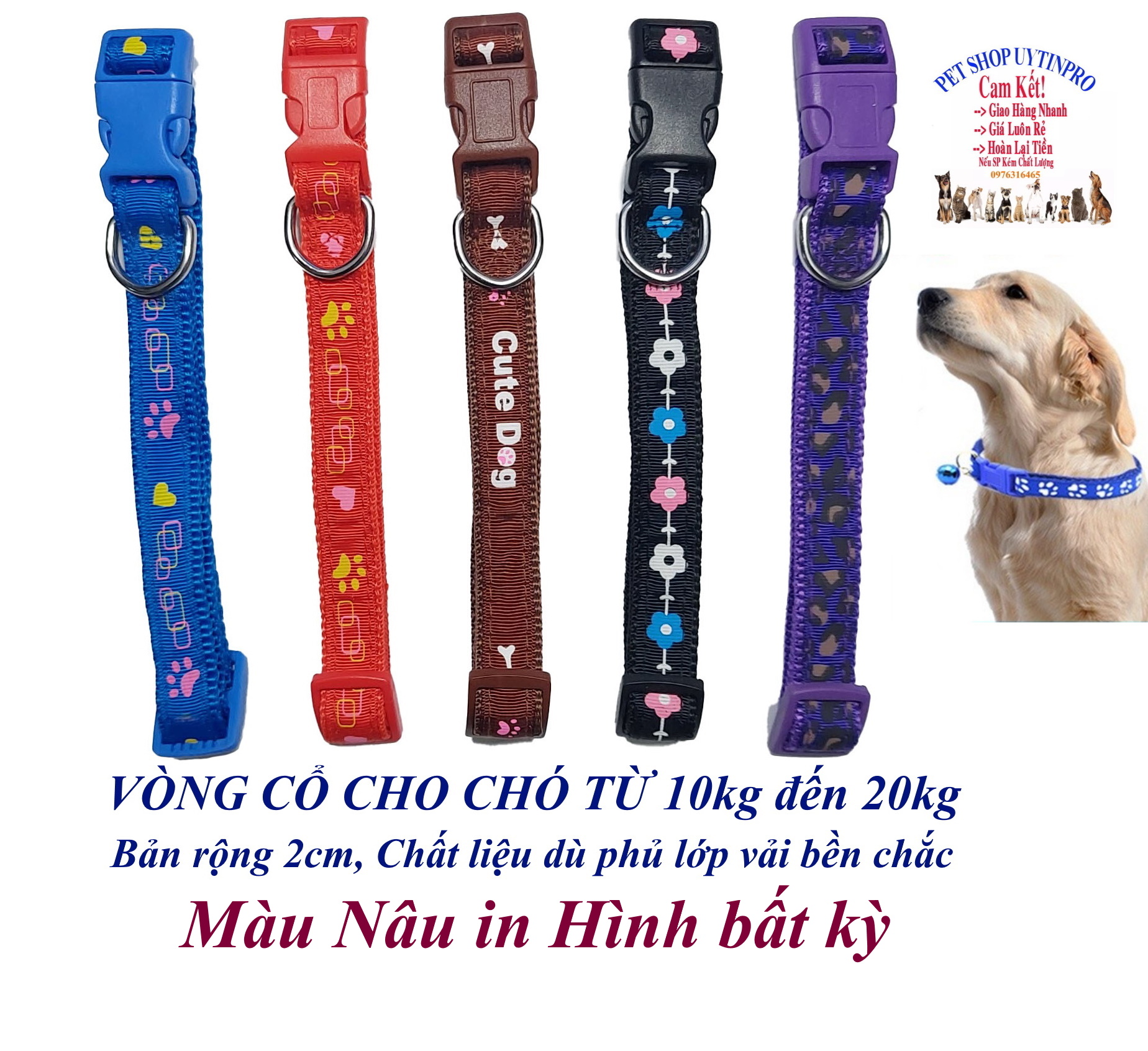 Vòng cổ cho Chó Mèo Từ 10kg đến 20kg Bản rộng 2cm In hình bất kỳ Chất liệu dù phủ lớp vải bền chắc, dễ chịu khi đeo