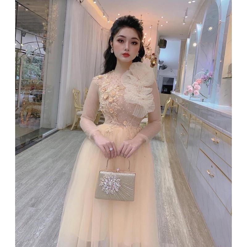 Đầm Xoè Công Chúa Phối Hoa Nổi Và Cườm - MS133Y mm đi chơi dự tiệc đám cưới, du lịch MM