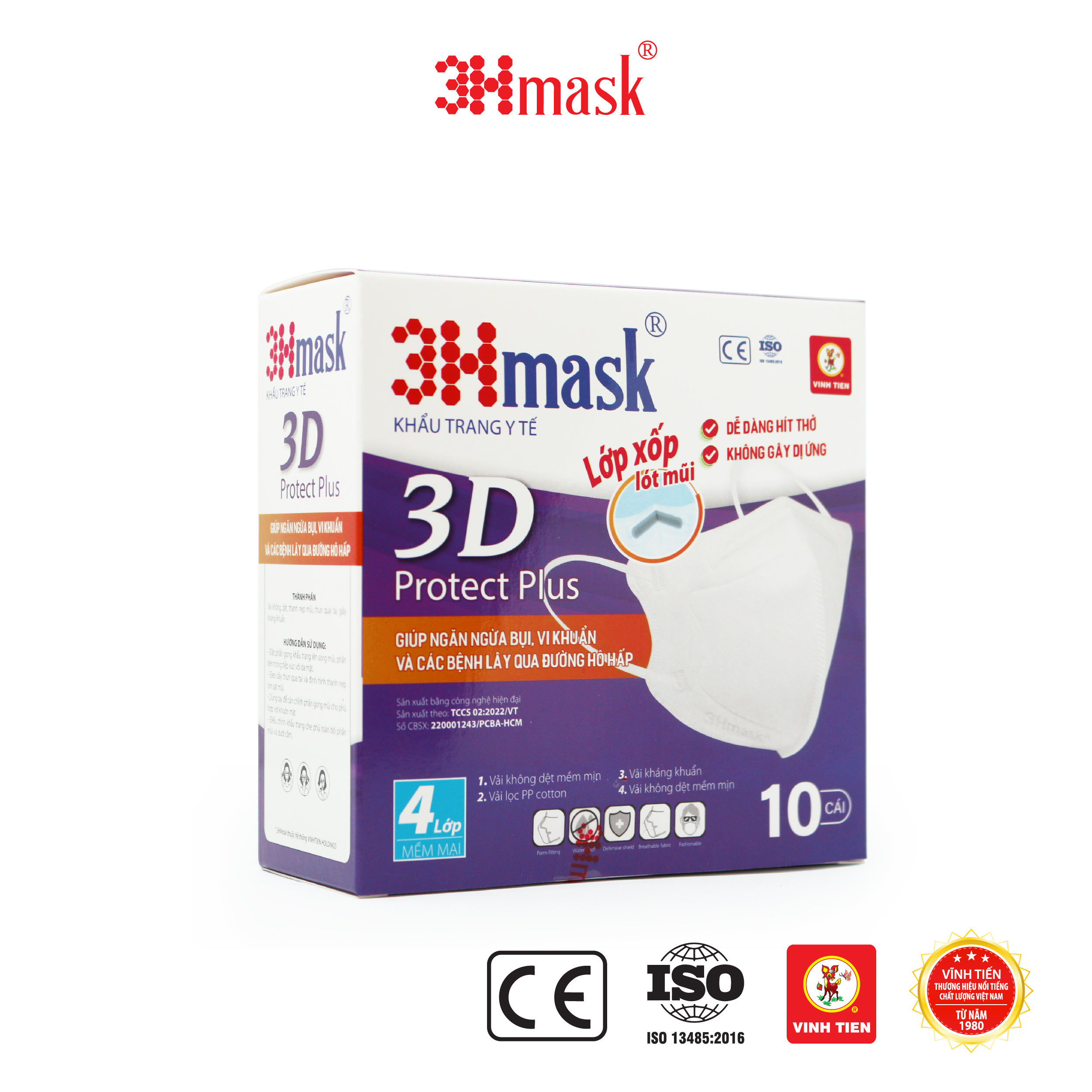 Sỉ thùng 500c khẩu trang y tế 3D protect plus 3Hmask 4 lớp kháng khuẩn, không đau tai - Hộp 10 cái