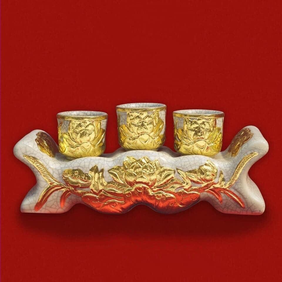BỘ CÚNG NƯỚC 3 LY MEN RẠN SEN ĐẮP NỖI 3D