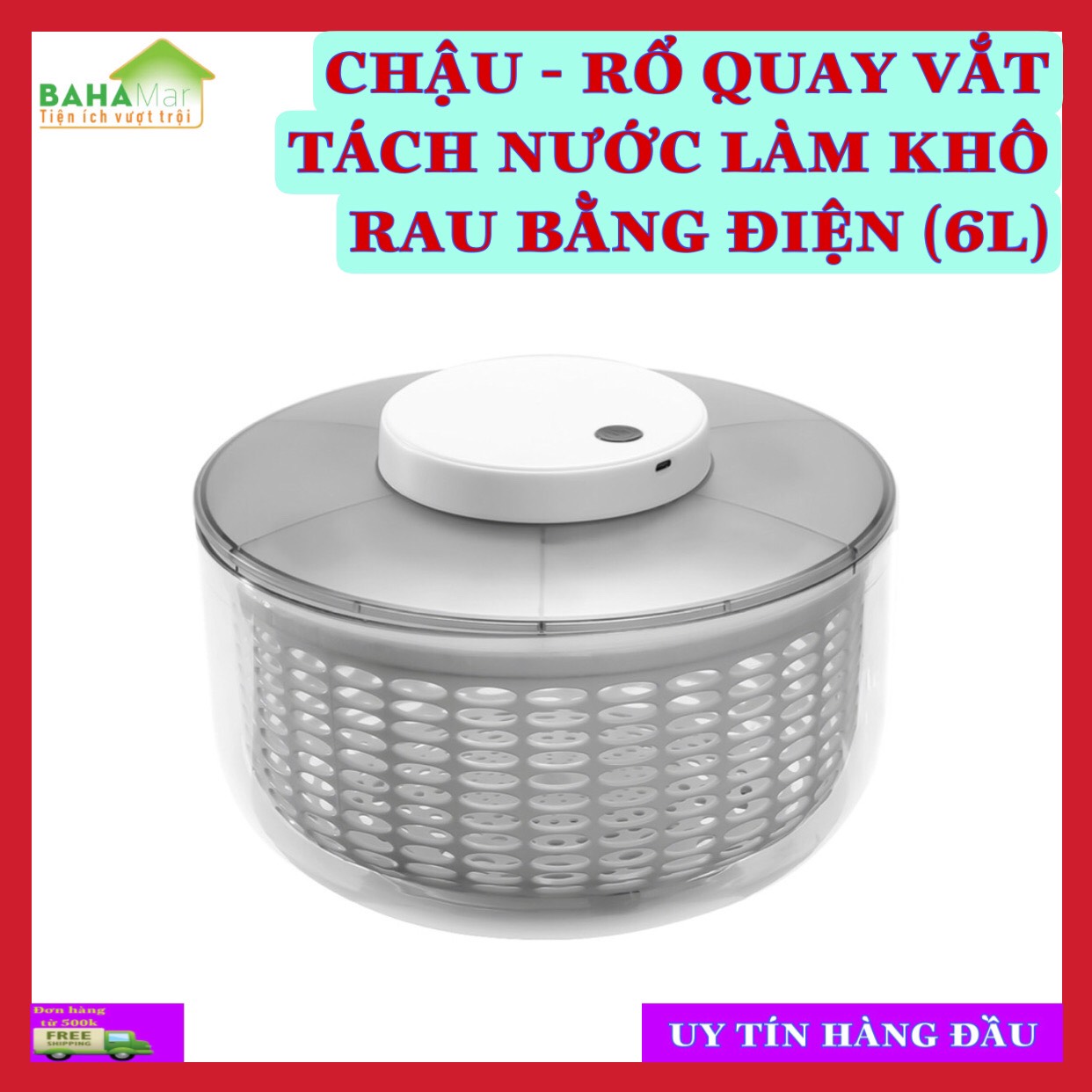 CHẬU - RỔ QUAY VẮT TÁCH NƯỚC LÀM KHÔ RAU BẰNG ĐIỆN "BAHAMAR" chạy bằng điện và có thể sạc lại bằng USB, chỉ cần bật nút nguồn để khởi động và tự động dừng sau 20 giây