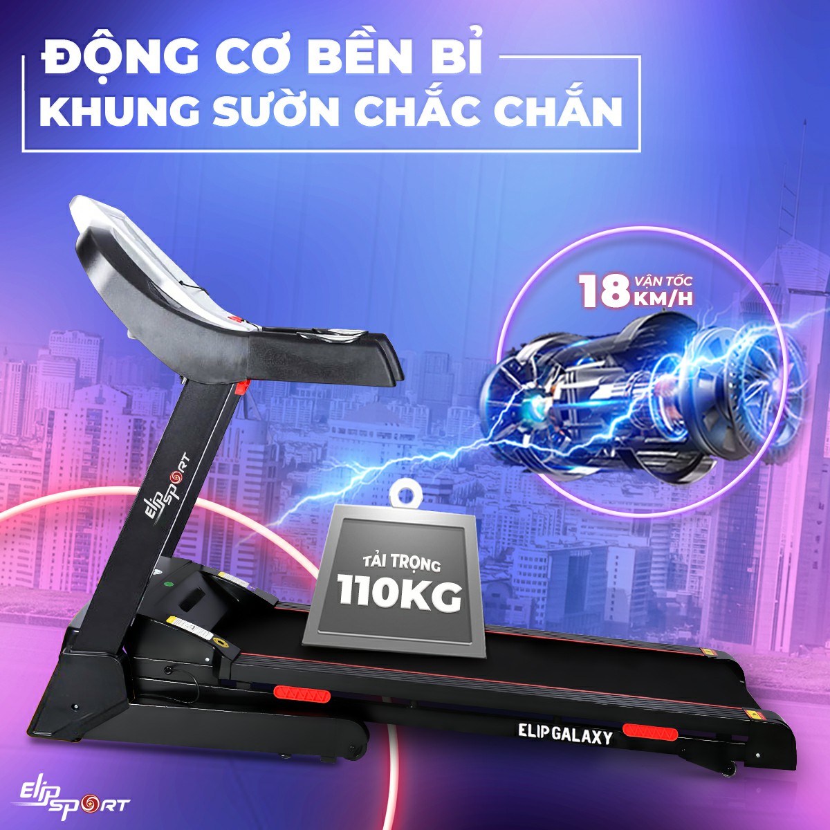 Máy Chạy Bộ Điện ELIP Galaxy Pro Chính Hãng, Động Cơ Mạnh Mẽ, Hoạt Động Êm Ái, Thảm Chạy Chống Trượt