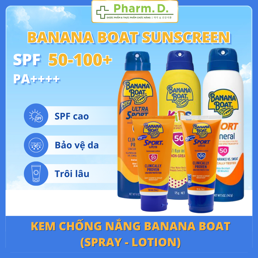 [CHÍNH HÃNG] Kem Chống Nắng Banana Boat SPF50–100+ PA++++ Dạng Lotion &amp; Xịt Spray Cho Người Lớn &amp; Trẻ Em Bảo Vệ Da Hiệu Quả