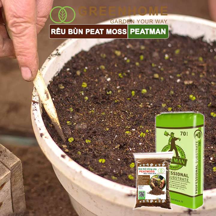 Rêu than bùn peatmoss Peatman, bao 1kg, trộn đất trồng sen đá, kiểng lá, hoa hồng, ươm mầm|Greenhome