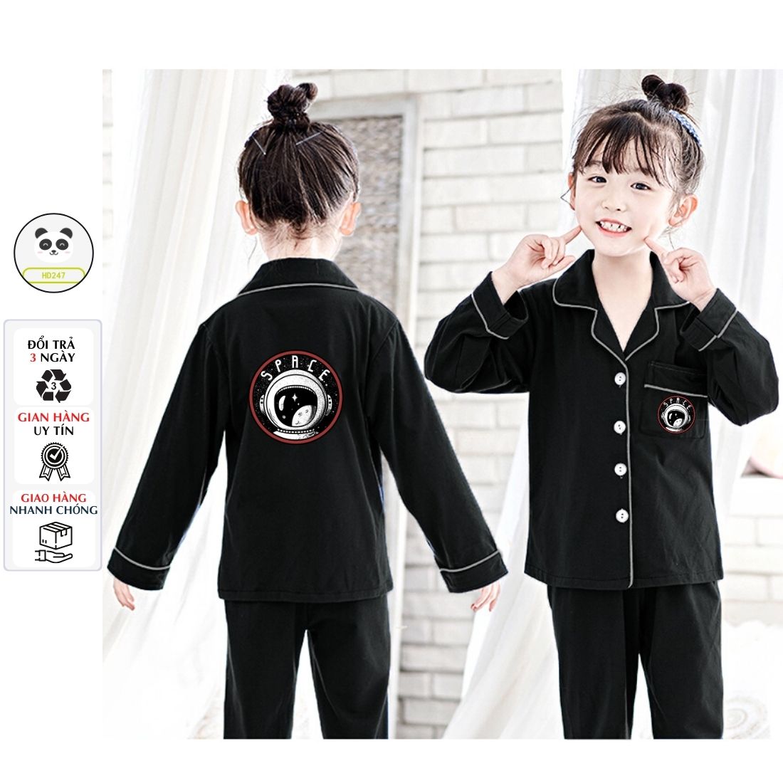 Hình ảnh đồ ngủ pijama dài tay bé gái bé trai dễ thương size đại in hình SPACE phi hành gia cá tính 0314