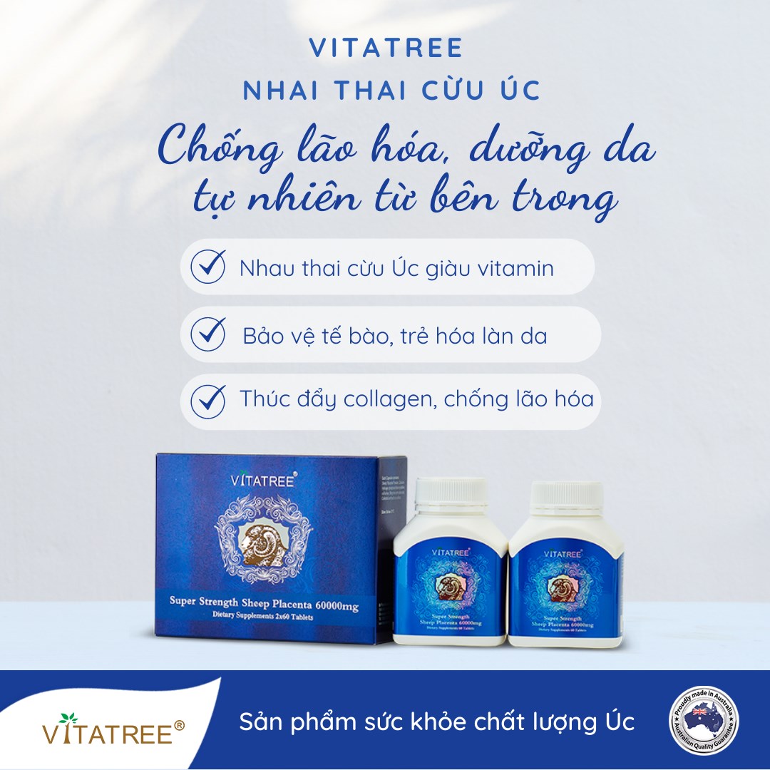 Viên uống nhau thai cừu Vitatree Super Strength Sheep Placenta 60.000mg 120 viên. Hỗ trợ chống lão hóa da, giúp da sáng mịn - Úc