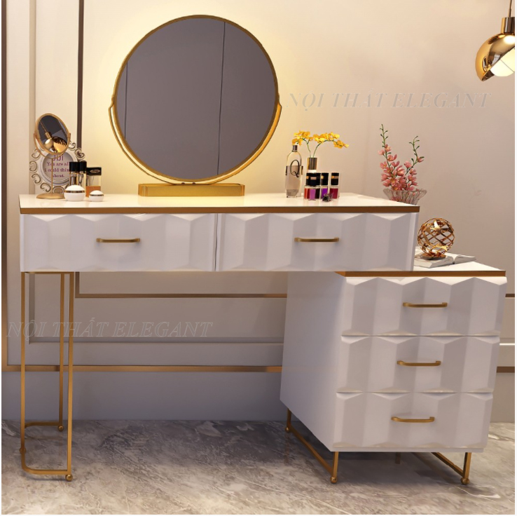 Bộ bàn trang điểm màu trắng, khung kim loại mạ vàng, có 5 ngăn kéo và gương đi kèm - EL-TD01