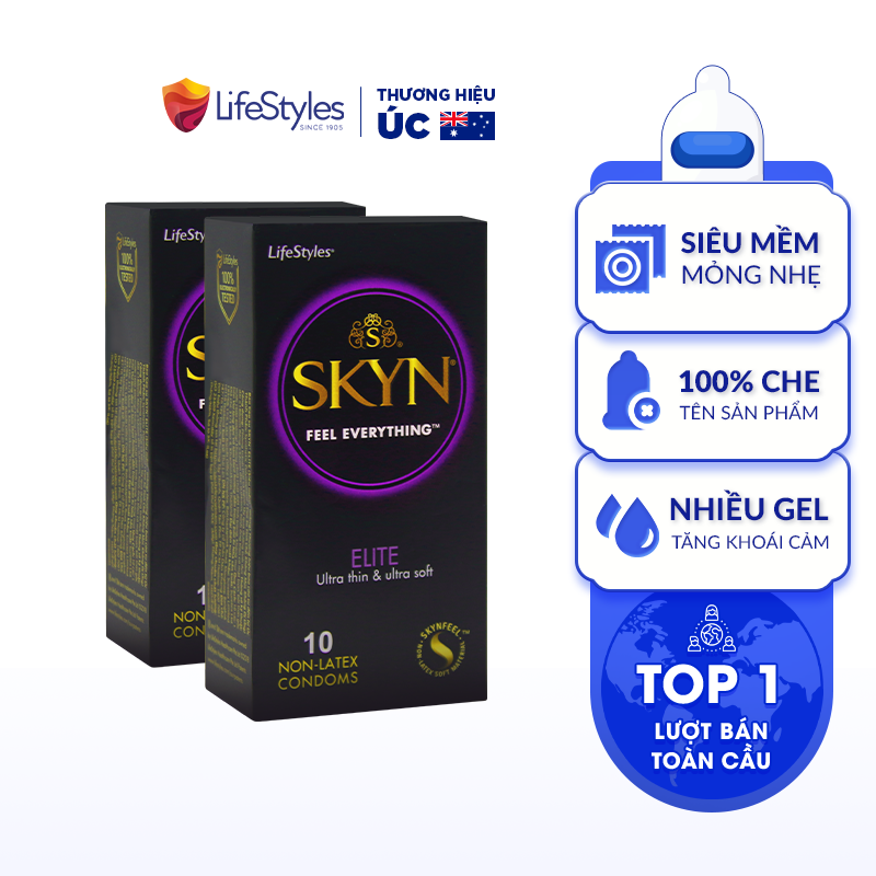 Bộ 2 Hộp Bao cao Su LifeStyles SKYN ELITE Non-latex Siêu Mỏng Siêu Mềm Cao Cấp 10 bao