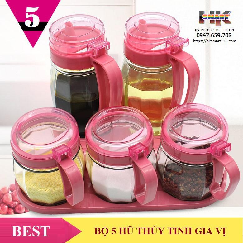 Bộ 5 hũ thủy tinh đựng gia vị và dầu ăn