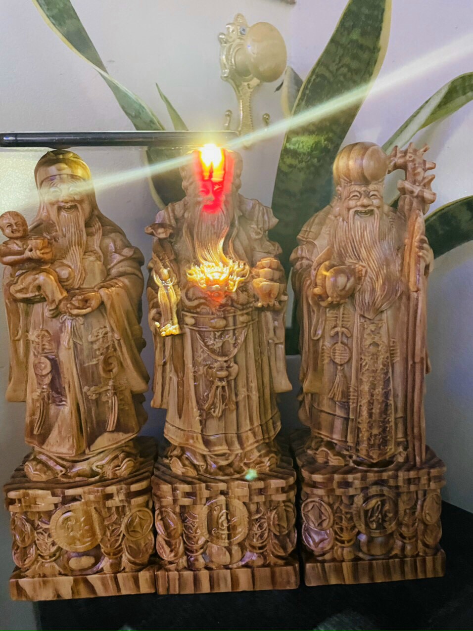 Bộ tượng phật tam đa phúc lộc thọ bằng gỗ huyết long mọng dầu đẹp long lanh cao 50×15×12cm