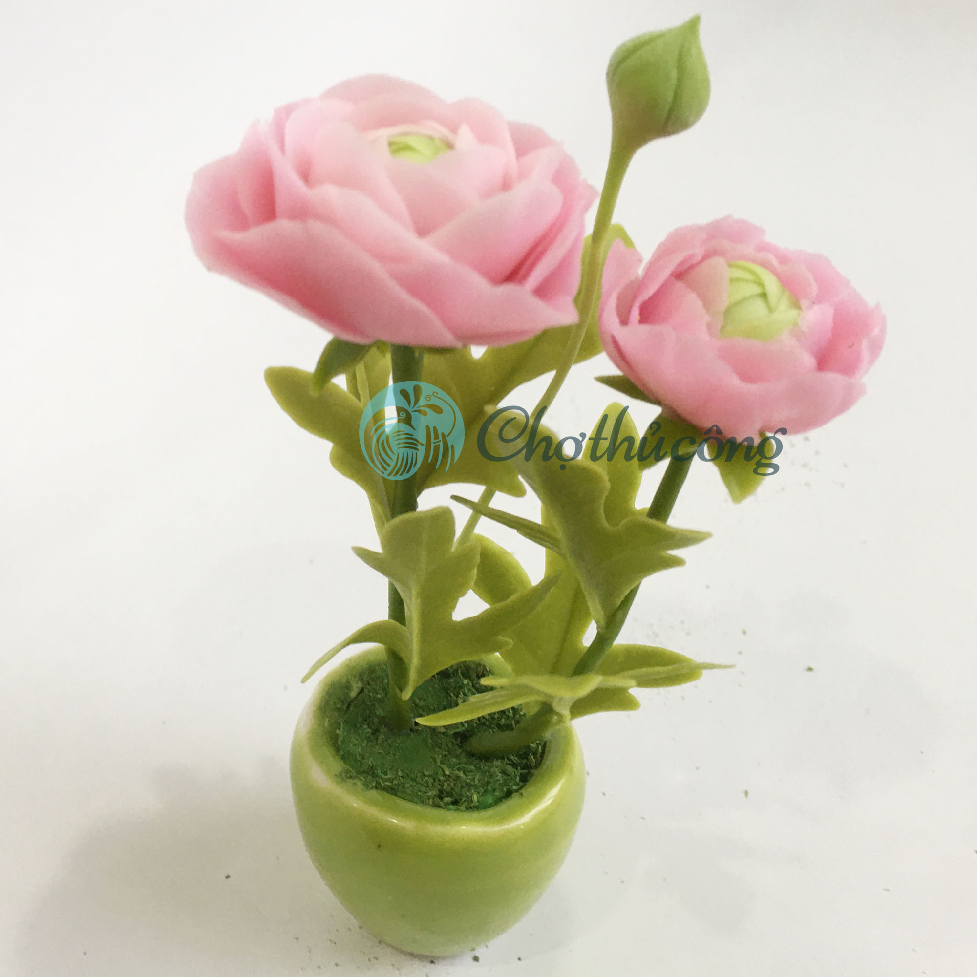 Chậu hoa đất sét mini - Cây hoa mao lương / Ranunculus (phát màu ngẫu nhiên) - Quà tặng trang trí handmade