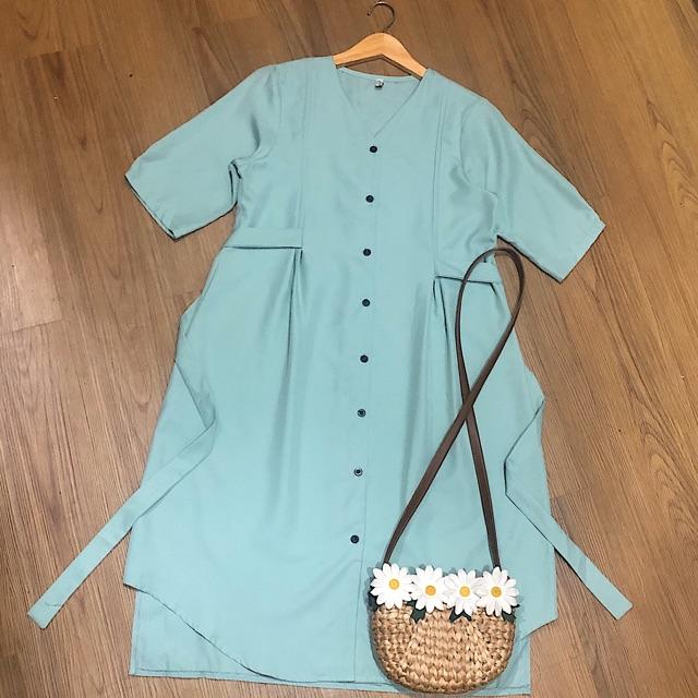 ĐẦM CÔNG SỞ ĐẦM DÁNG SUÔNG Đầm váy mint nút trước cột nơ v2