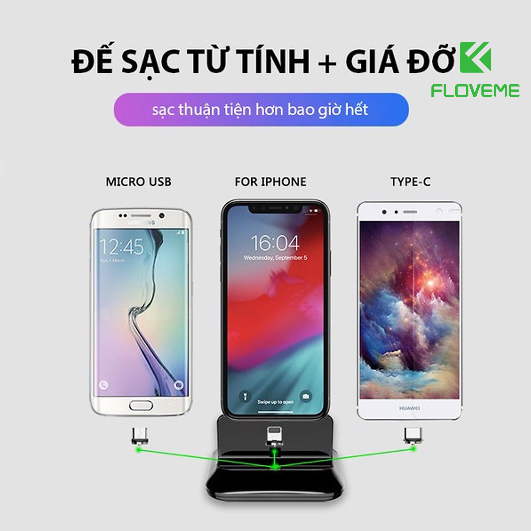 Đế Sạc Nhanh FLOVEME Nam Châm 3 Trong 1 Xem Phim Tiện Lợi , Đa chức năng hỗ trợ dành cho IPhone, TYPE - C , Micro USB - Hàng Chính Hãng