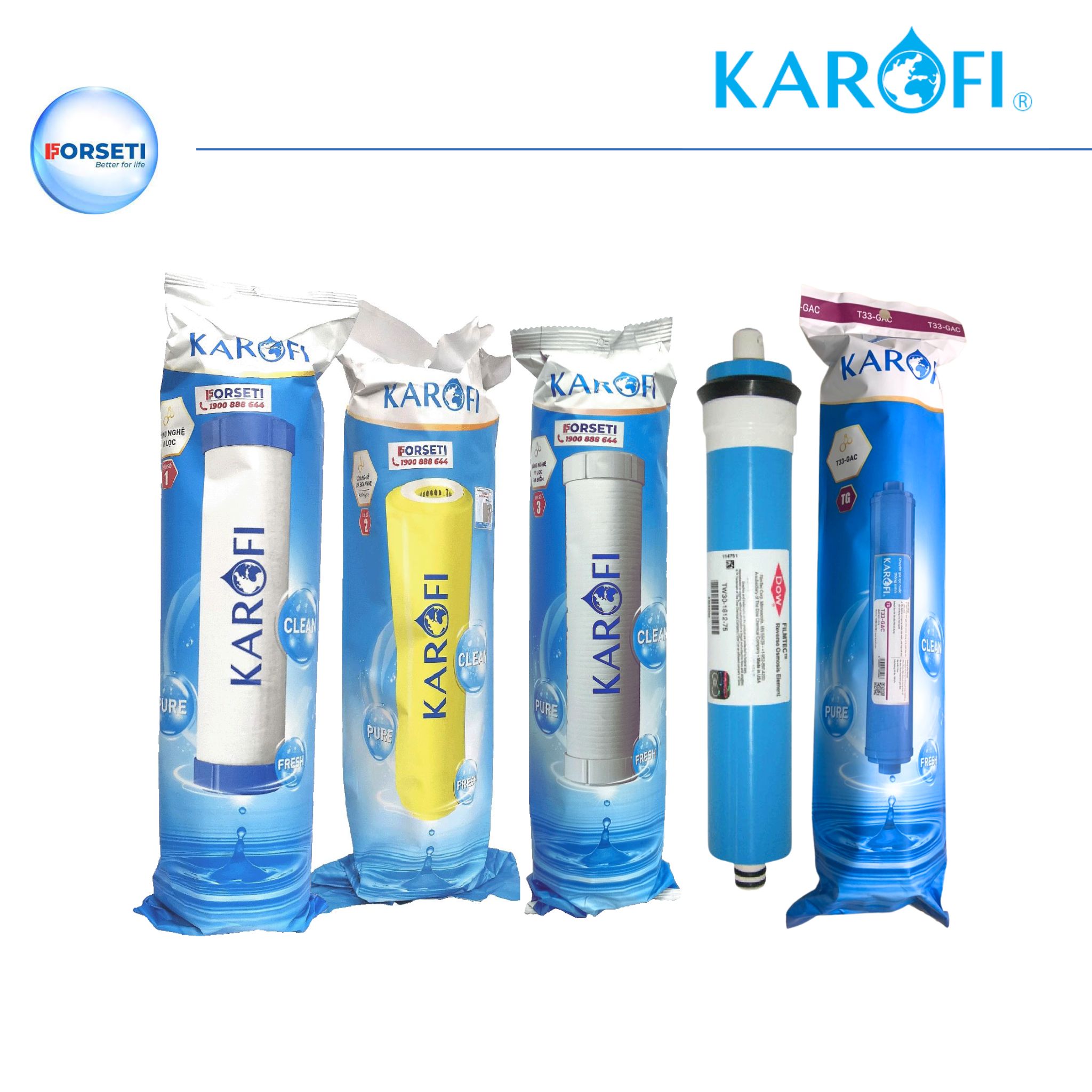 Bộ 5 lõi lọc nước Karofi gồm bộ lọc thô 12 Cation to 3, màng RO 50 US và lõi chức năng T33 dành cho máy lọc nước Karofi - Hàng chính hãng