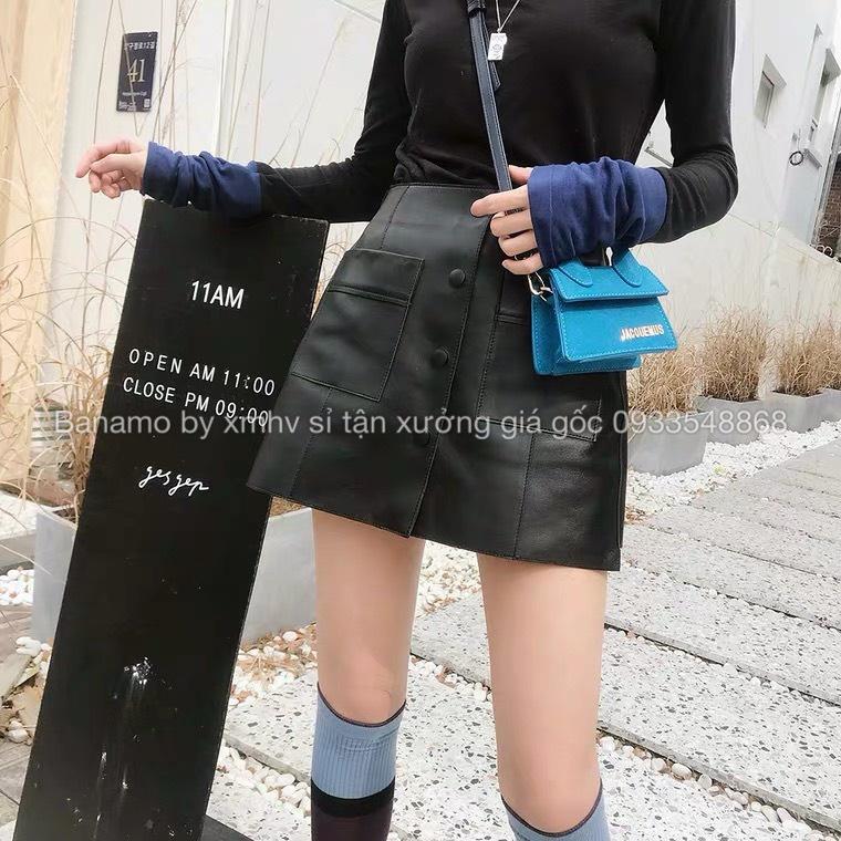Quần váy da phối khuy 2 túi trước màu đen nâu thời trang 696