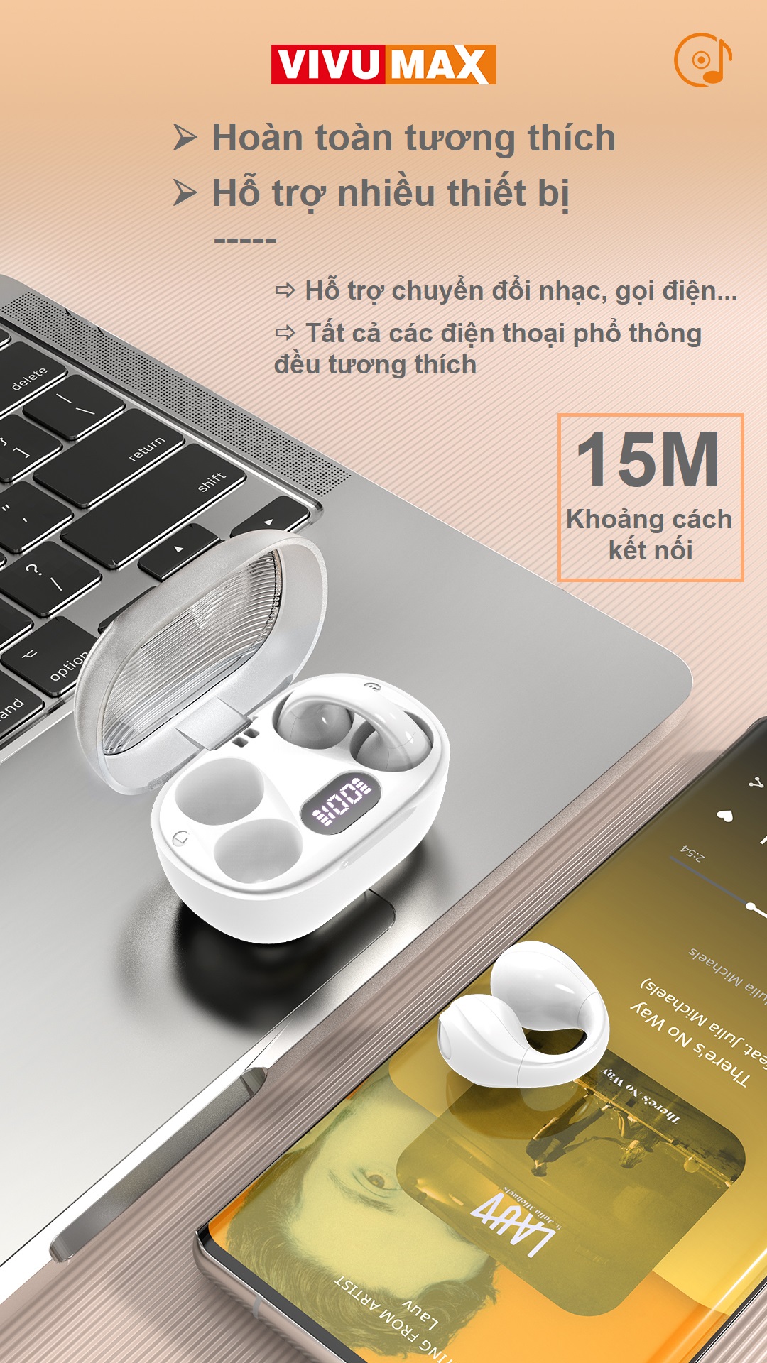 Tai Nghe Không Dây Kẹp Tai TWS Vivumax Sport 1 màu trắng - Hàng Chính Hãng, Bảo Hành Chính Hãng