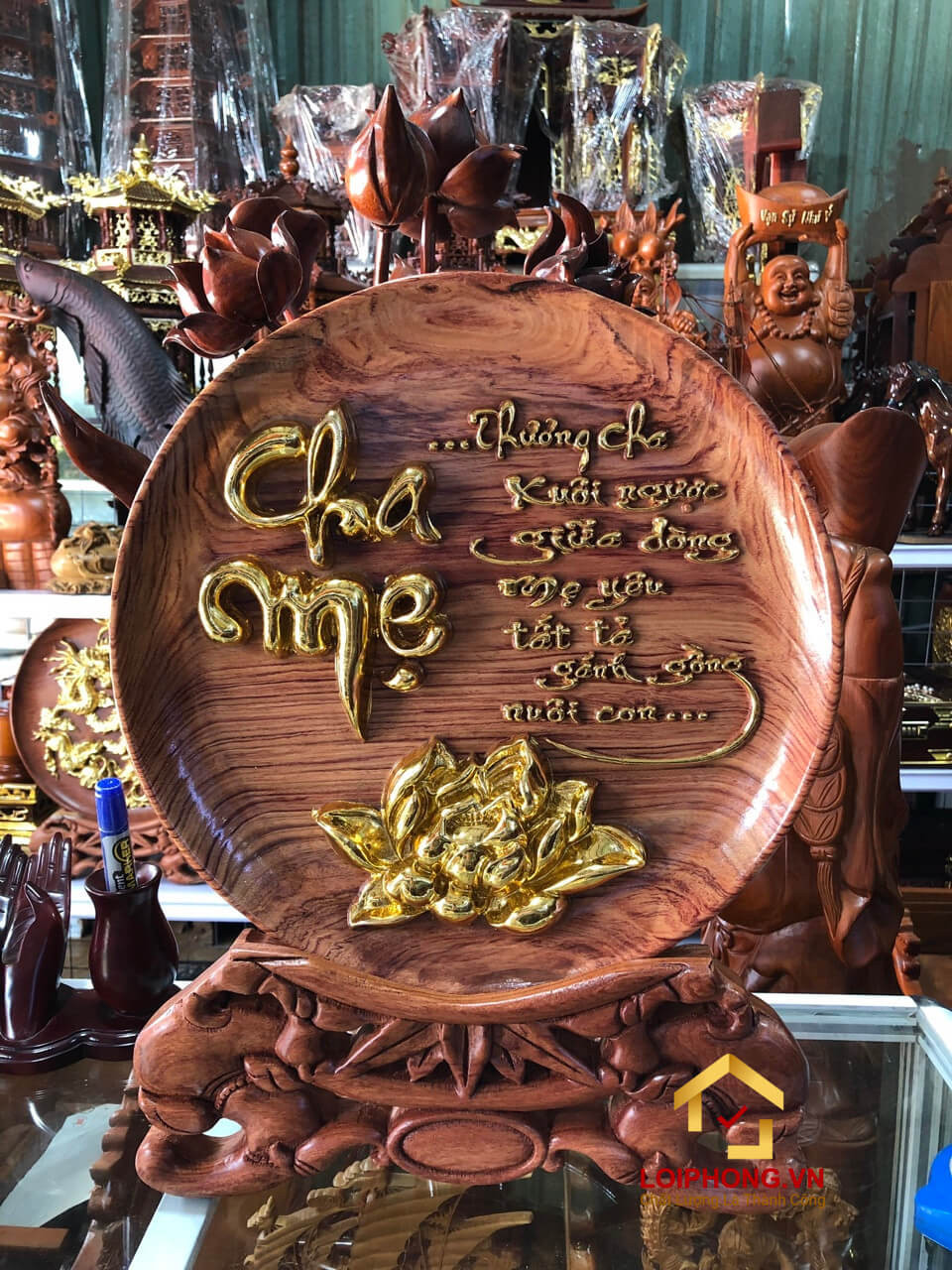 Đĩa gỗ trang trí cha mẹ bằng gỗ hương đường kính đĩa 30 - 35 - 40 cm dày 4 cm