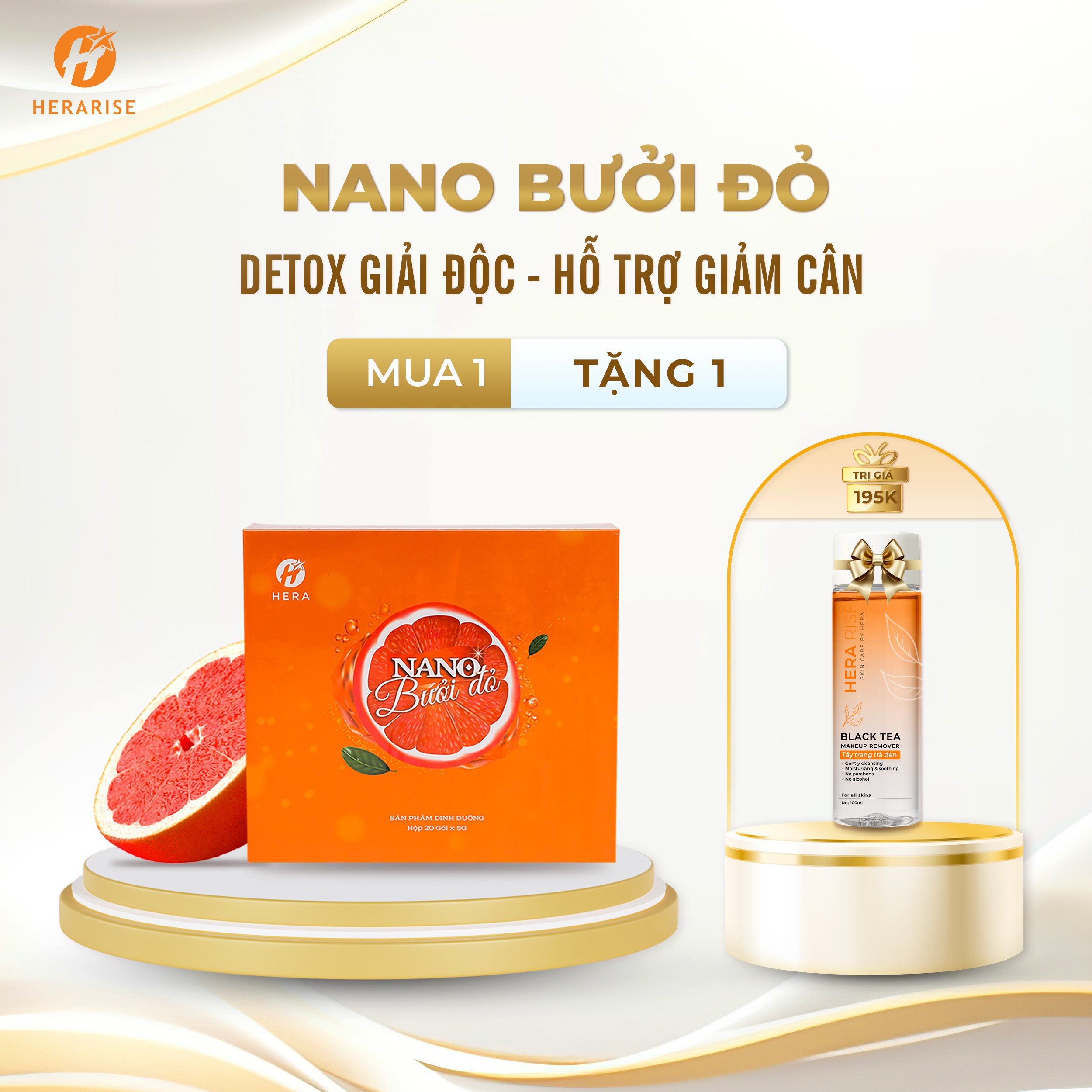 Combo 1 Hộp Nano Bưởi Đỏ HerariseTặng 1 Tẩy Trang Tinh Chất Trà Đen