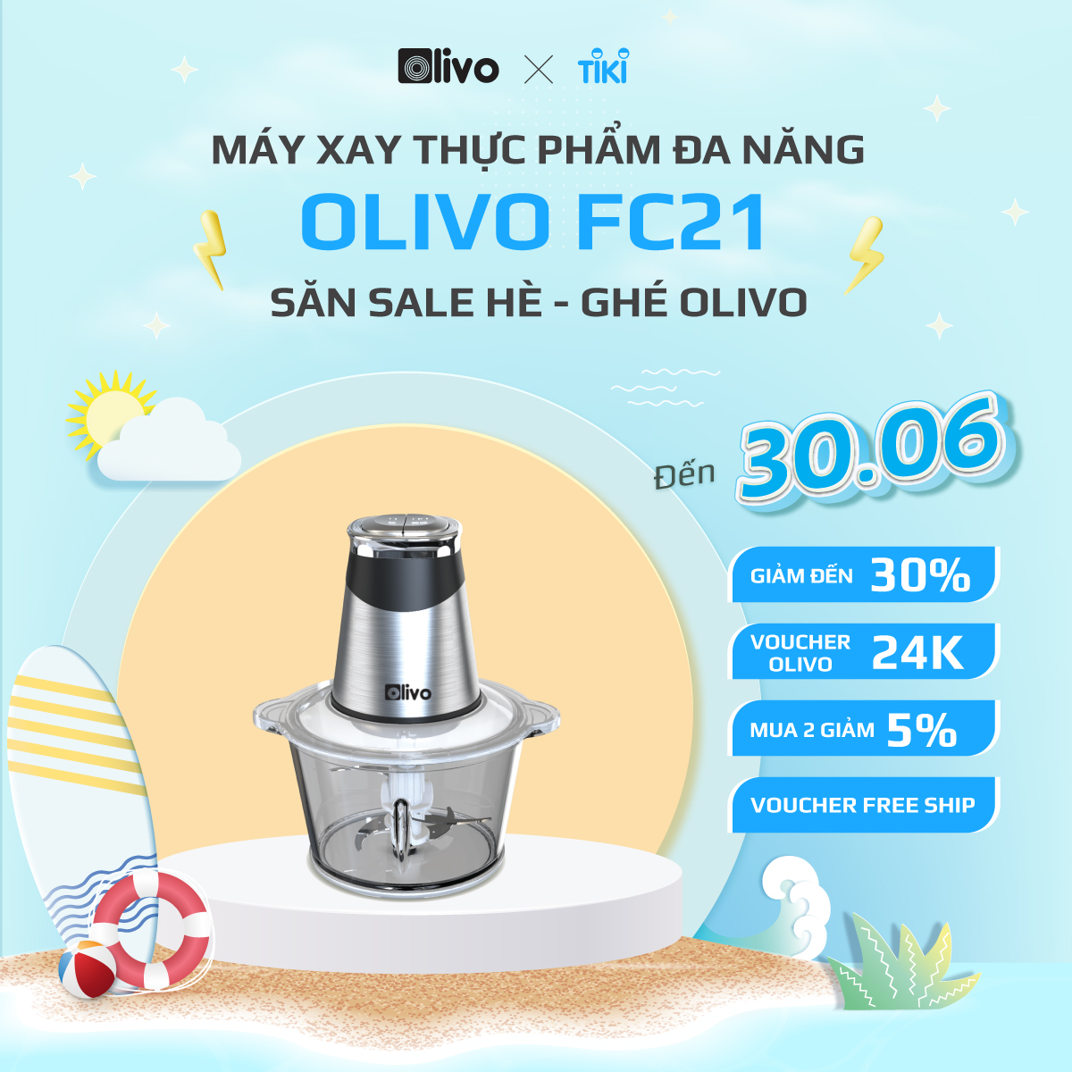 Máy Xay Thực Phẩm Đa Năng OLIVO FC21 [Hàng Chính Hãng] Dung Tích 2.1L - Công Suất 500W - Thương Hiệu Mỹ